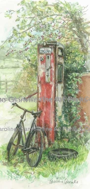 red petrol pump & bicycle, painting by Caroline Glanville
